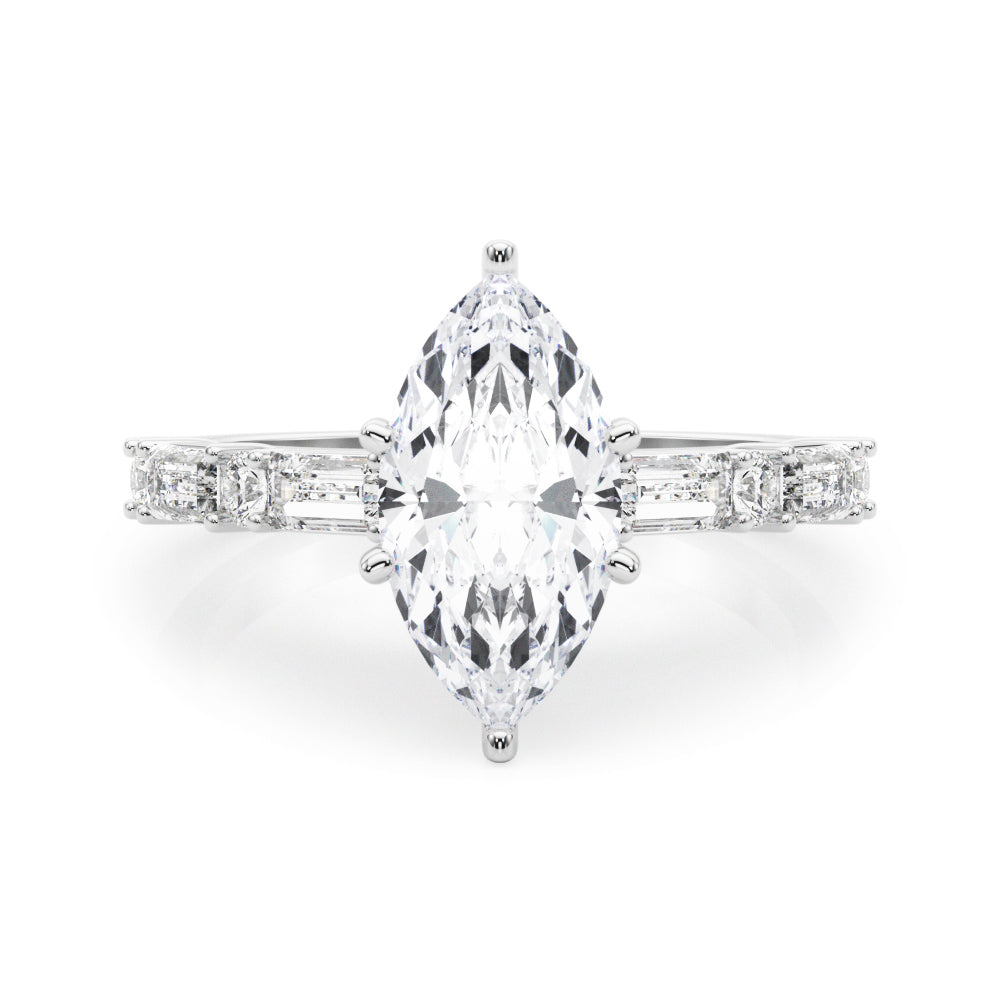 Silver Marquise Solitaire with Side Baguettes and Channel Set Band