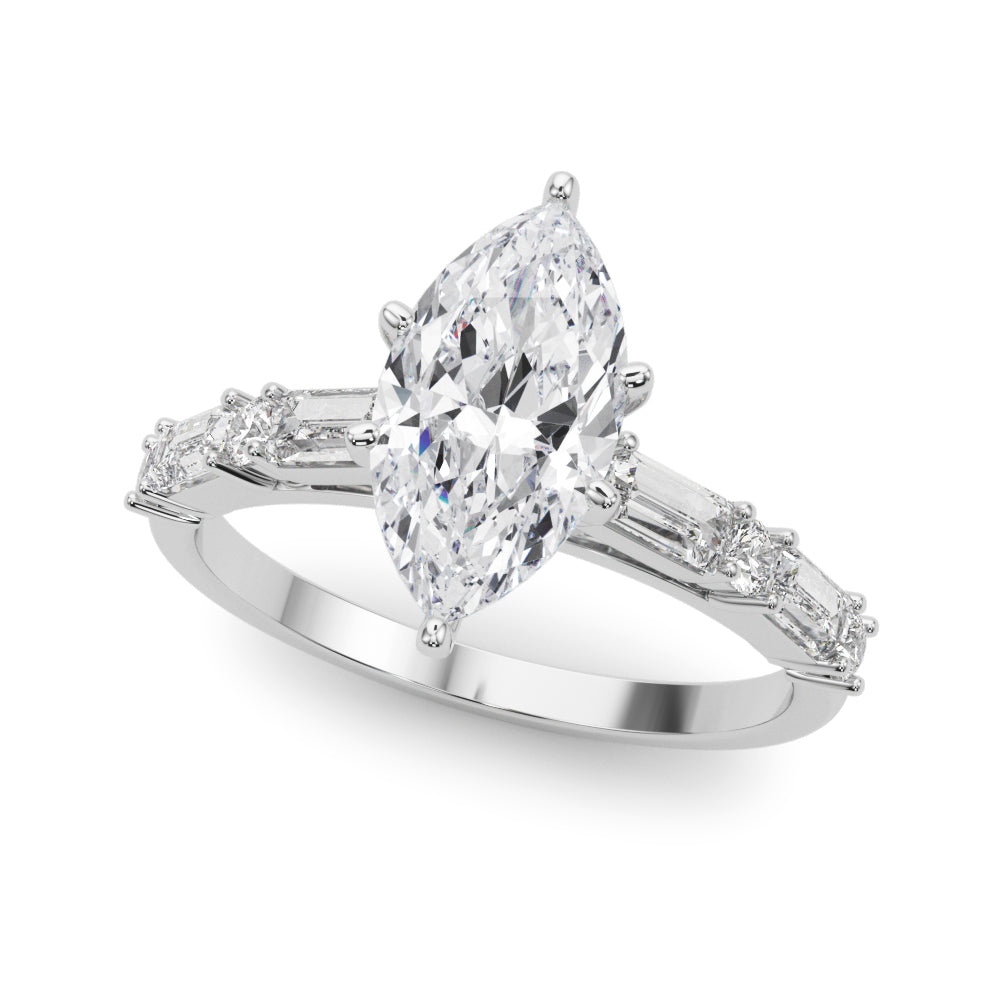 Silver Marquise Solitaire with Side Baguettes and Channel Set Band