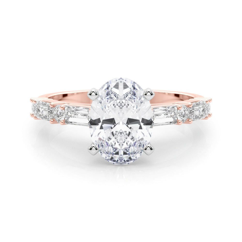 Rose gold Oval Solitaire with Side Baguettes and Channel Set Band