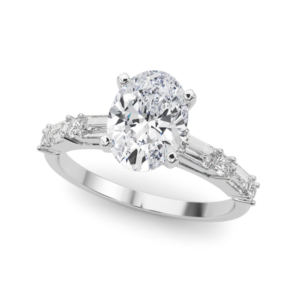 White gold Oval Solitaire with Side Baguettes and Channel Set Band