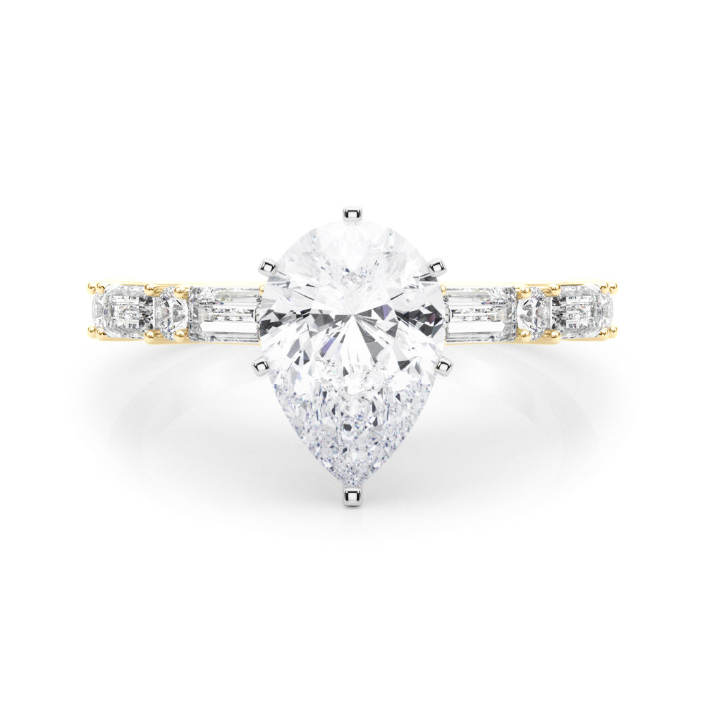Yellow gold Pear Solitaire with Side Baguettes and Channel Set Band