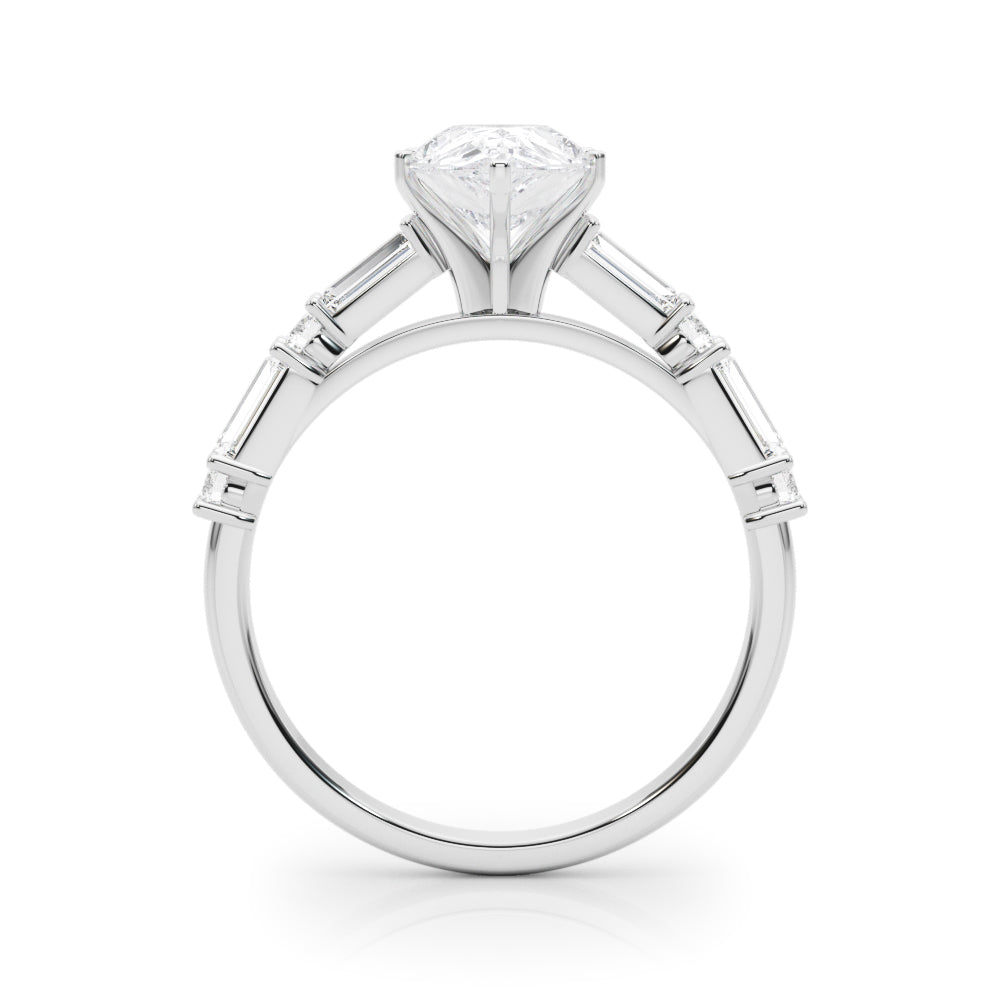 Platinum Pear Solitaire with Side Baguettes and Channel Set Band