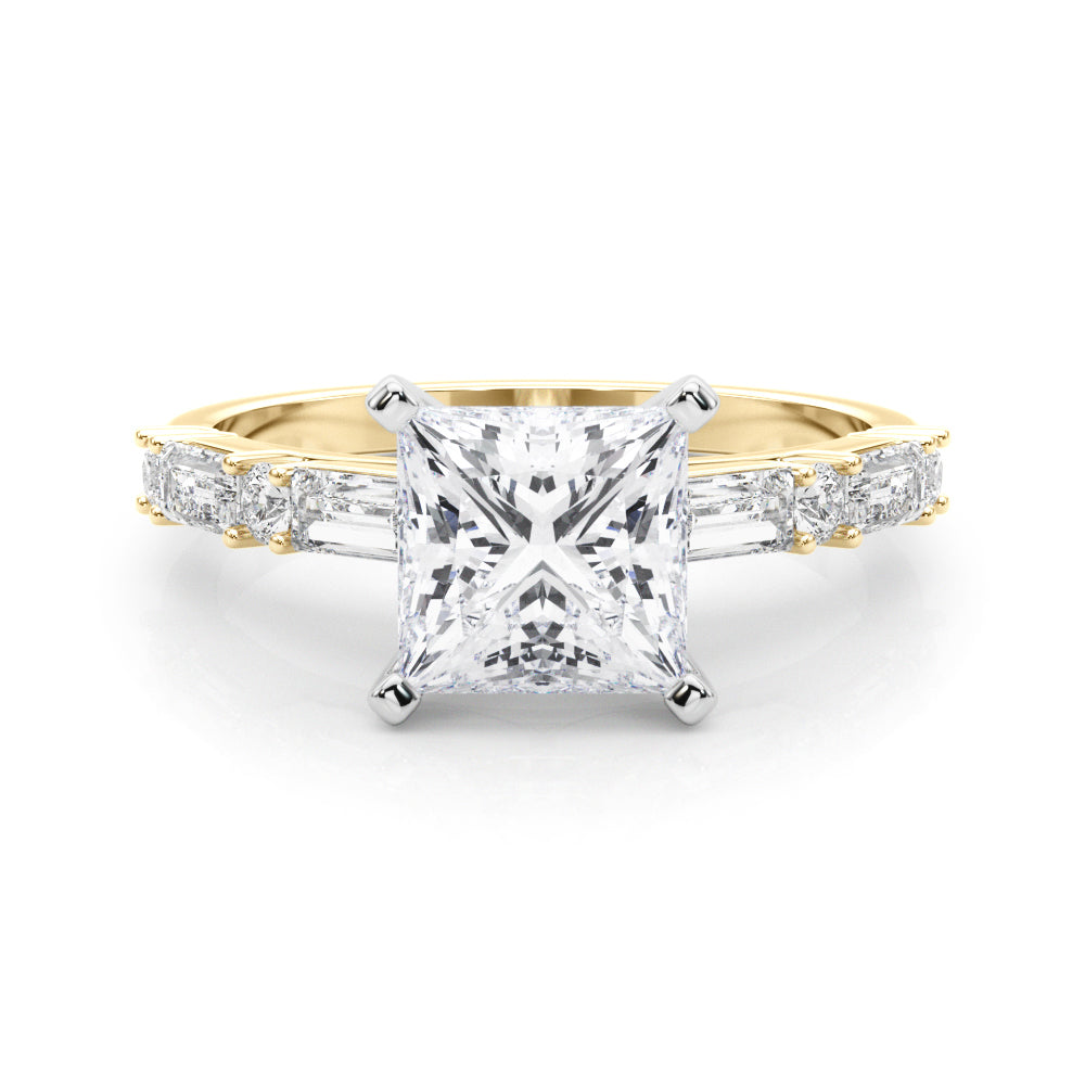 Yellow gold Princess Solitaire with Side Baguettes and Channel Set Band