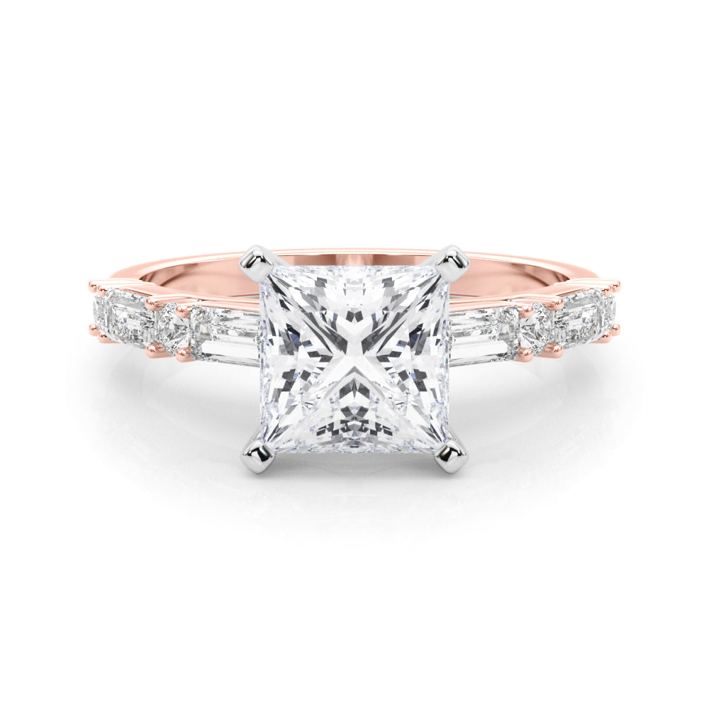 Rose gold Princess Solitaire with Side Baguettes and Channel Set Band