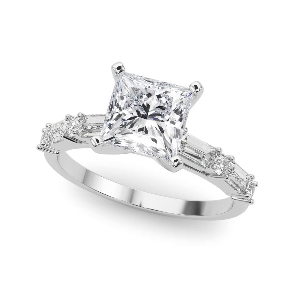 Platinum Princess Solitaire with Side Baguettes and Channel Set Band