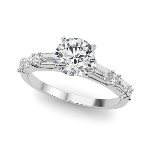 Platinum Round Solitaire with Side Baguettes and Channel Set Band