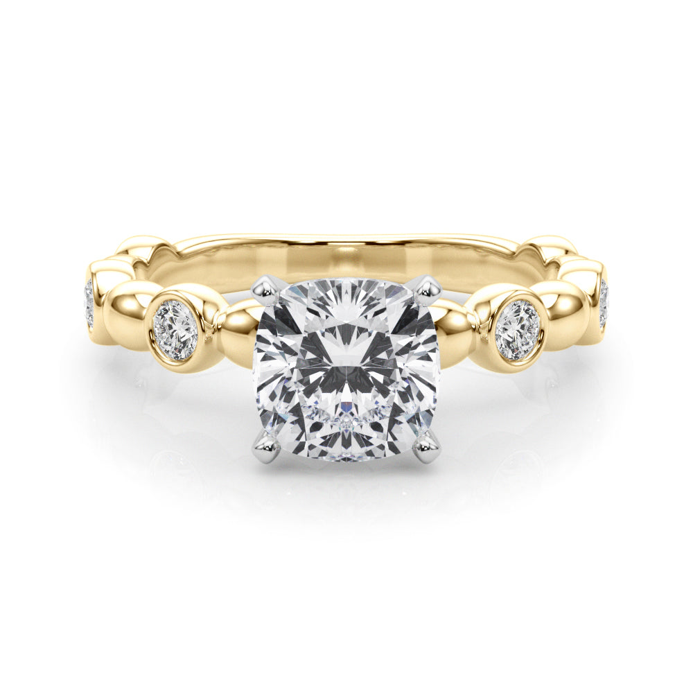 Yellow gold Cushion Solitaire Bezel-Set Diamond Ring with Beaded Band and Four-Prong Setting