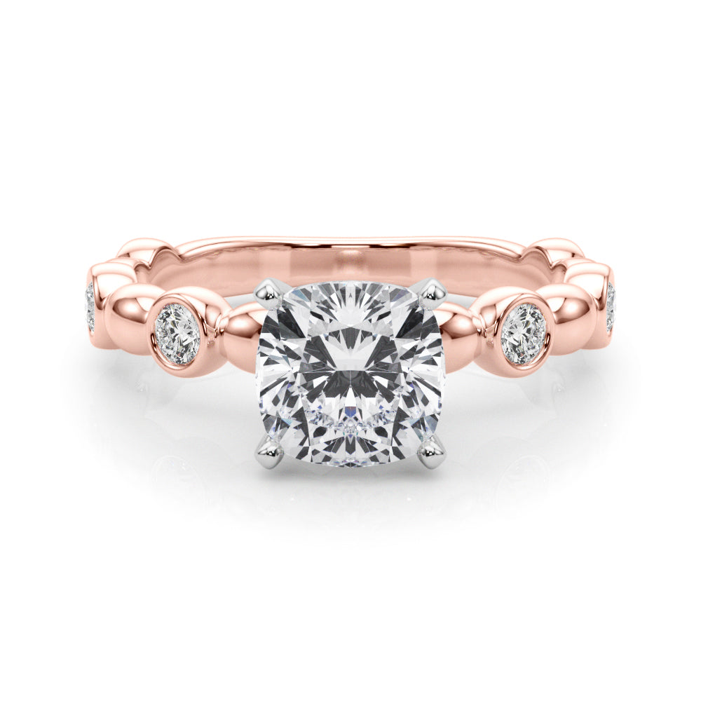 Rose gold Cushion Solitaire Bezel-Set Diamond Ring with Beaded Band and Four-Prong Setting