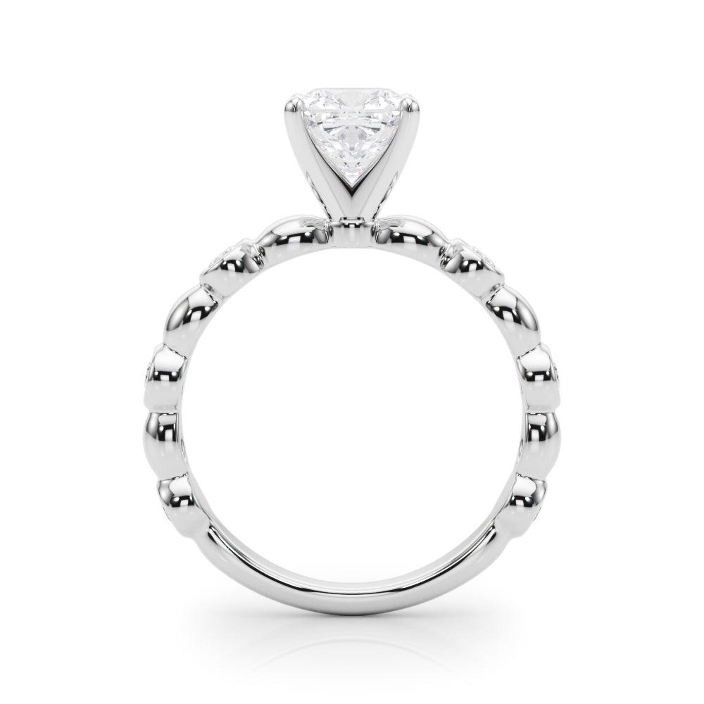 Silver Cushion Solitaire Bezel-Set Diamond Ring with Beaded Band and Four-Prong Setting