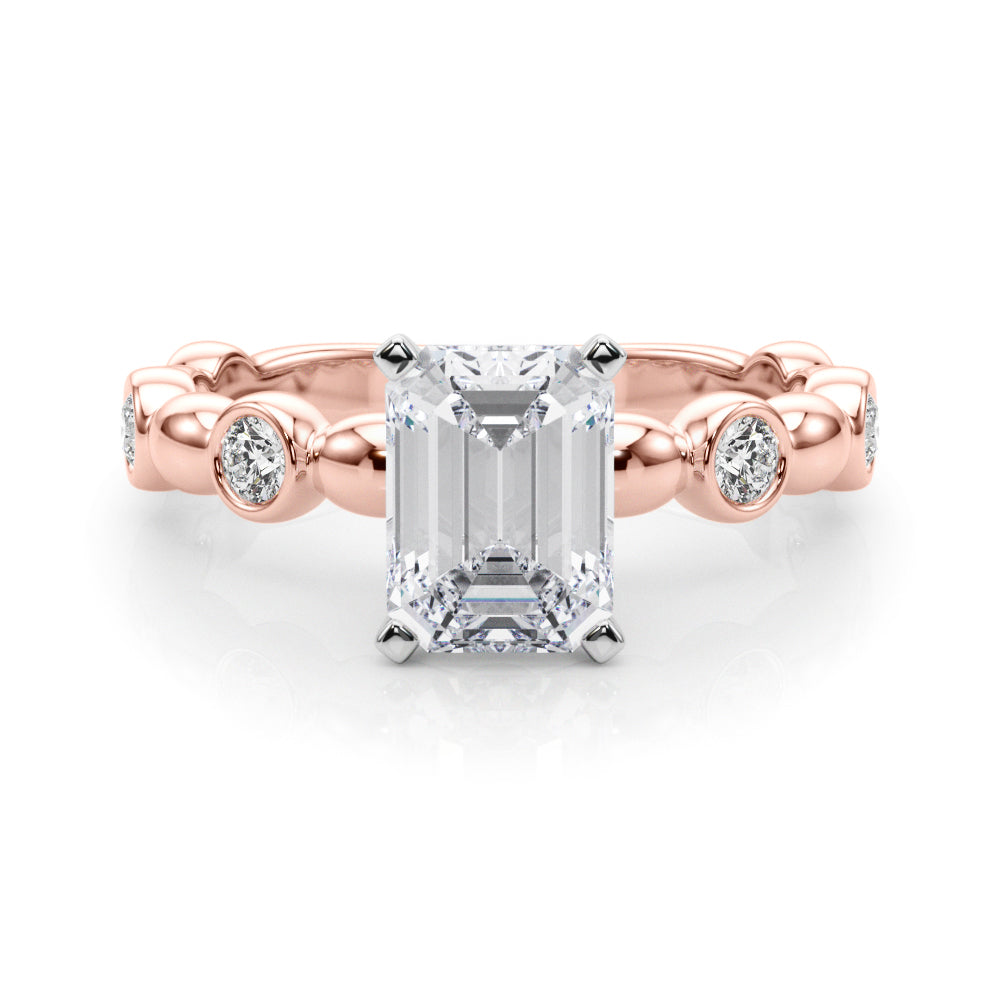 Rose gold Emerald Solitaire Bezel-Set Diamond Ring with Beaded Band and Four-Prong Setting