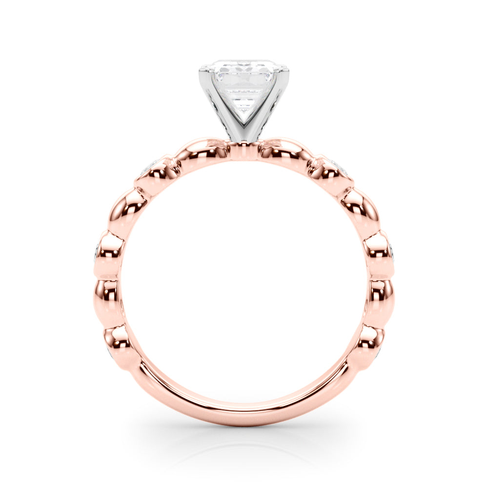 Rose gold Emerald Solitaire Bezel-Set Diamond Ring with Beaded Band and Four-Prong Setting