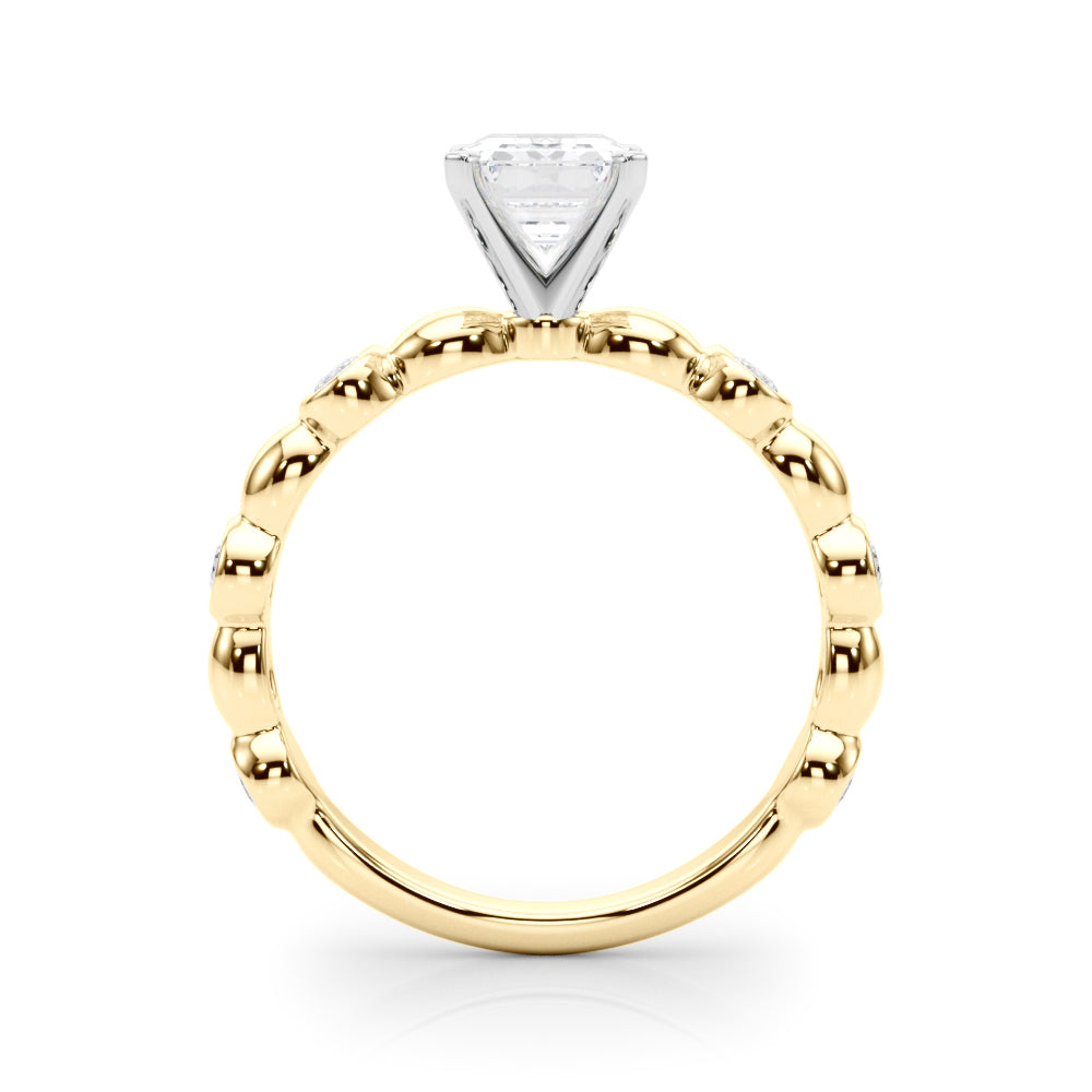 Yellow gold Emerald Solitaire Bezel-Set Diamond Ring with Beaded Band and Four-Prong Setting
