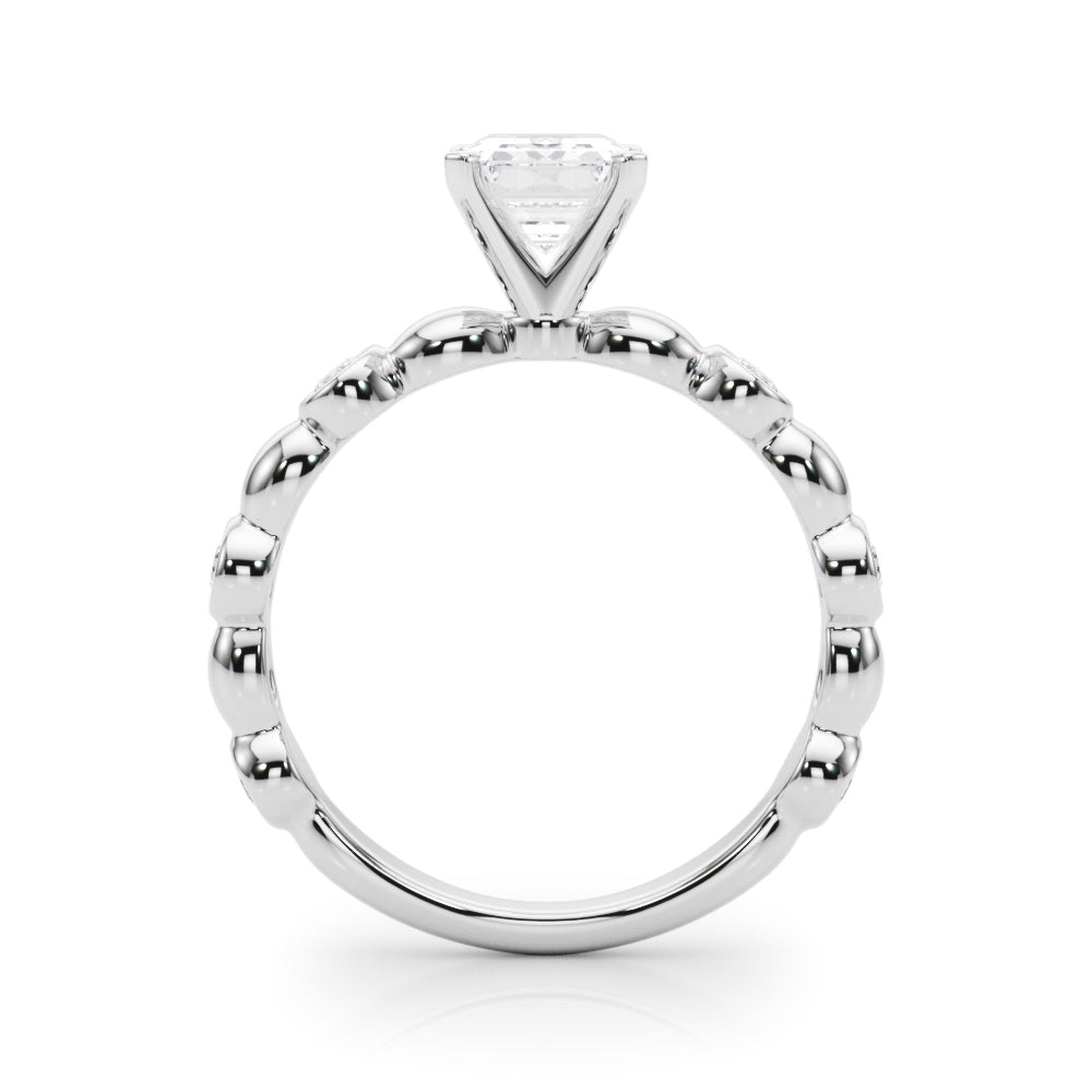 Platinum Radiant Solitaire Bezel-Set Diamond Ring with Beaded Band and Four-Prong Setting