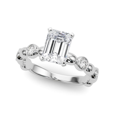 Platinum Radiant Solitaire Bezel-Set Diamond Ring with Beaded Band and Four-Prong Setting
