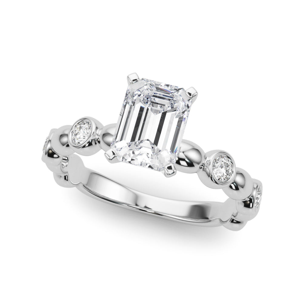 Platinum Emerald Solitaire Bezel-Set Diamond Ring with Beaded Band and Four-Prong Setting