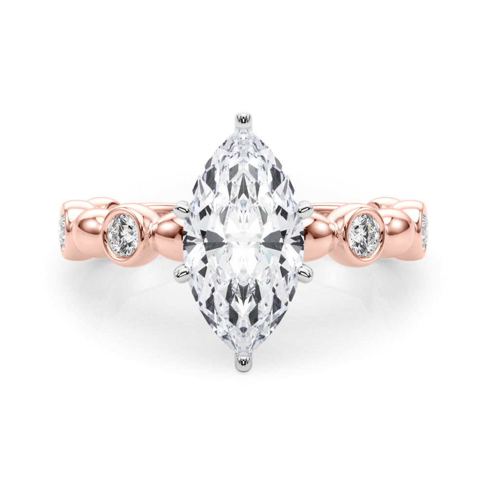 Rose gold Marquise Solitaire Bezel-Set Diamond Ring with Beaded Band and Four-Prong Setting