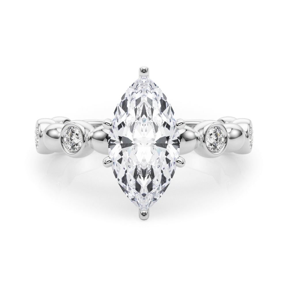 Platinum Marquise Solitaire Bezel-Set Diamond Ring with Beaded Band and Four-Prong Setting