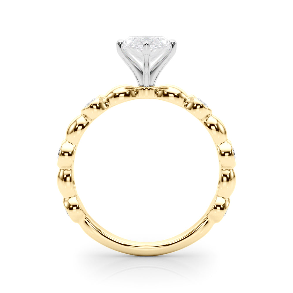 Yellow gold Marquise Solitaire Bezel-Set Diamond Ring with Beaded Band and Four-Prong Setting