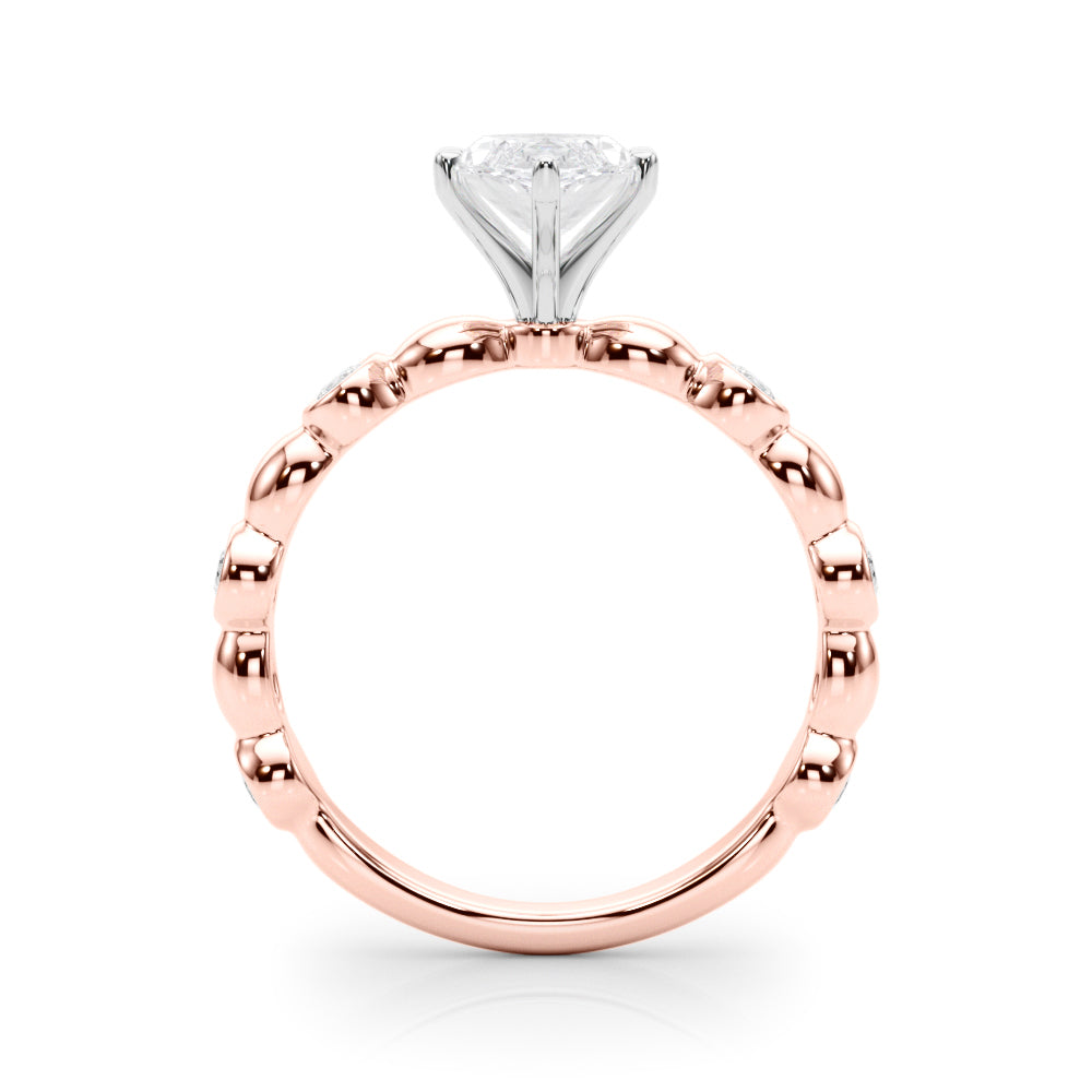 Rose gold Marquise Solitaire Bezel-Set Diamond Ring with Beaded Band and Four-Prong Setting