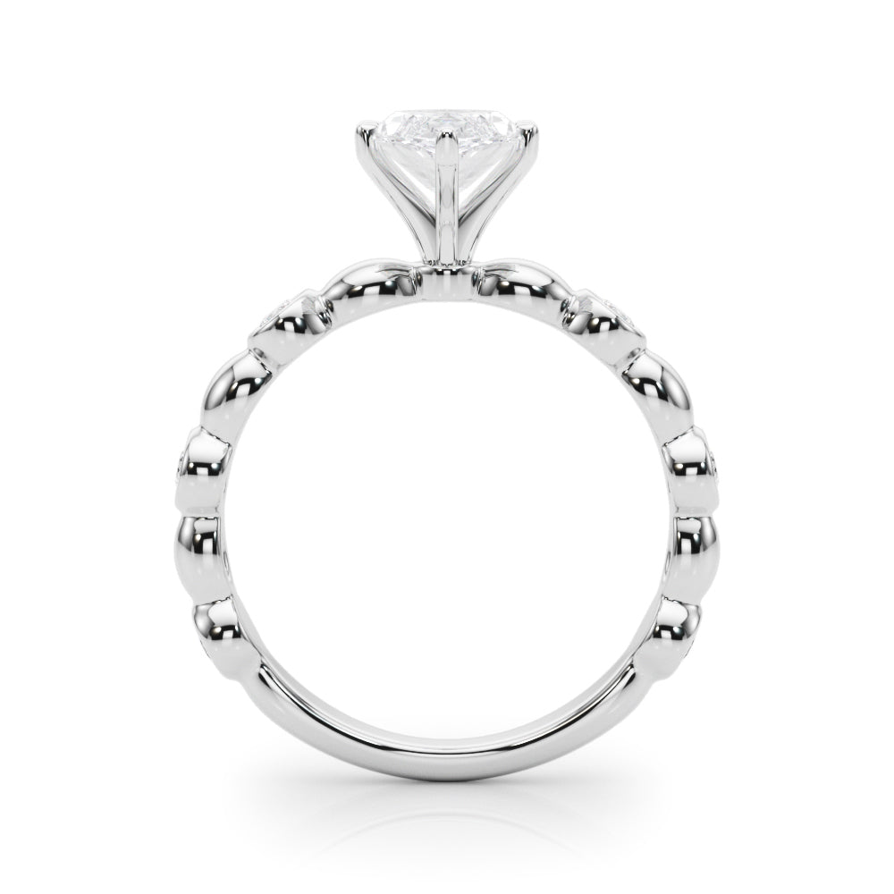 Platinum Marquise Solitaire Bezel-Set Diamond Ring with Beaded Band and Four-Prong Setting