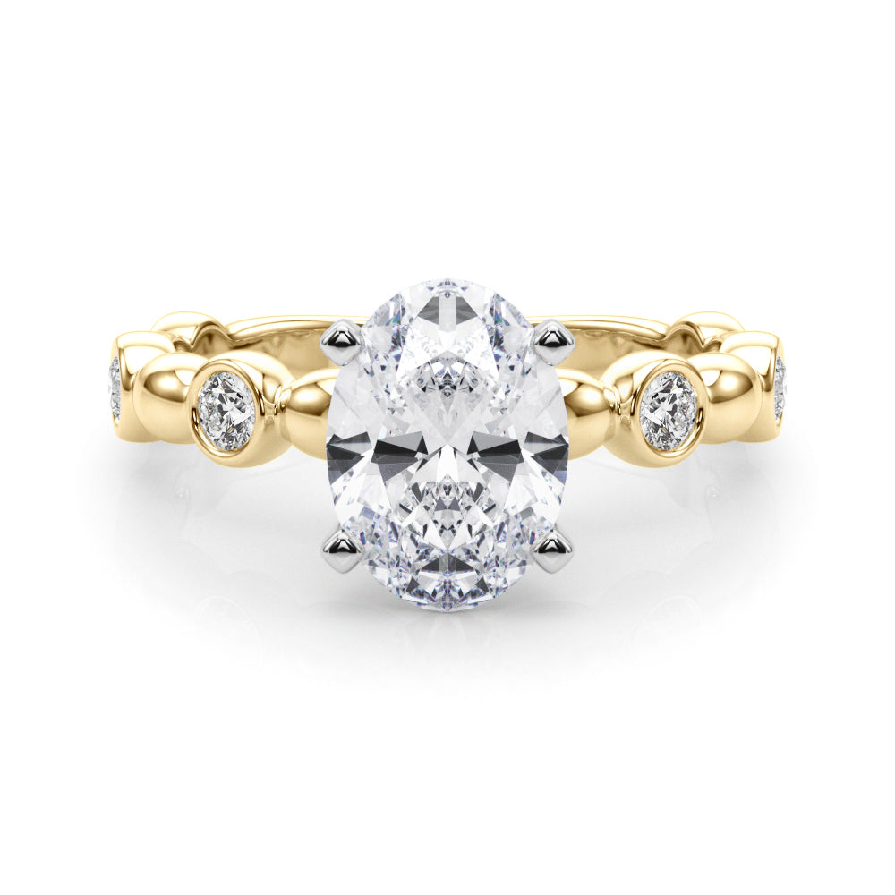Yellow gold Oval Solitaire Bezel-Set Diamond Ring with Beaded Band and Four-Prong Setting