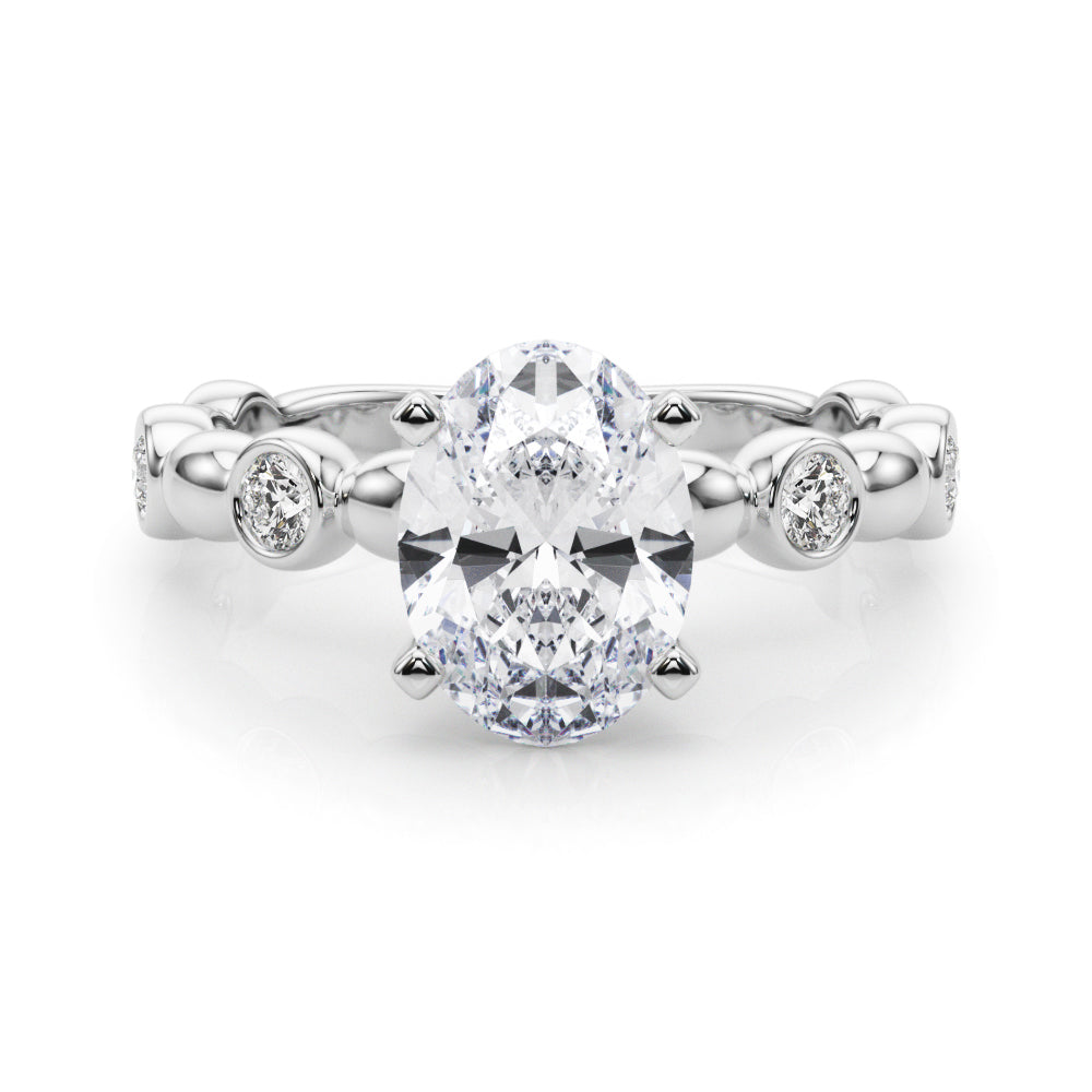 Platinum Oval Solitaire Bezel-Set Diamond Ring with Beaded Band and Four-Prong Setting