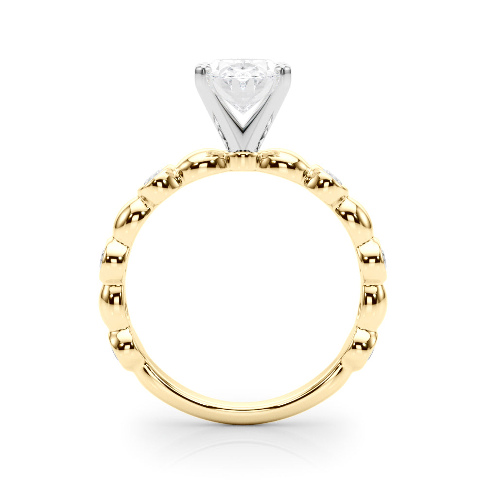 Yellow gold Oval Solitaire Bezel-Set Diamond Ring with Beaded Band and Four-Prong Setting