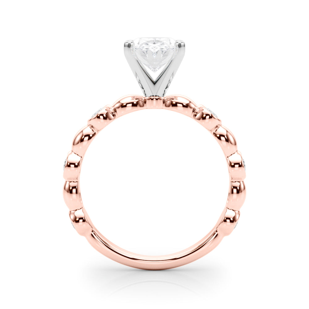 Rose gold Oval Solitaire Bezel-Set Diamond Ring with Beaded Band and Four-Prong Setting