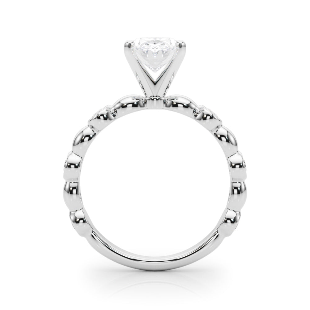 Platinum Oval Solitaire Bezel-Set Diamond Ring with Beaded Band and Four-Prong Setting