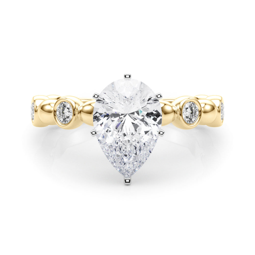 Yellow gold Pear Solitaire Bezel-Set Diamond Ring with Beaded Band and Four-Prong Setting