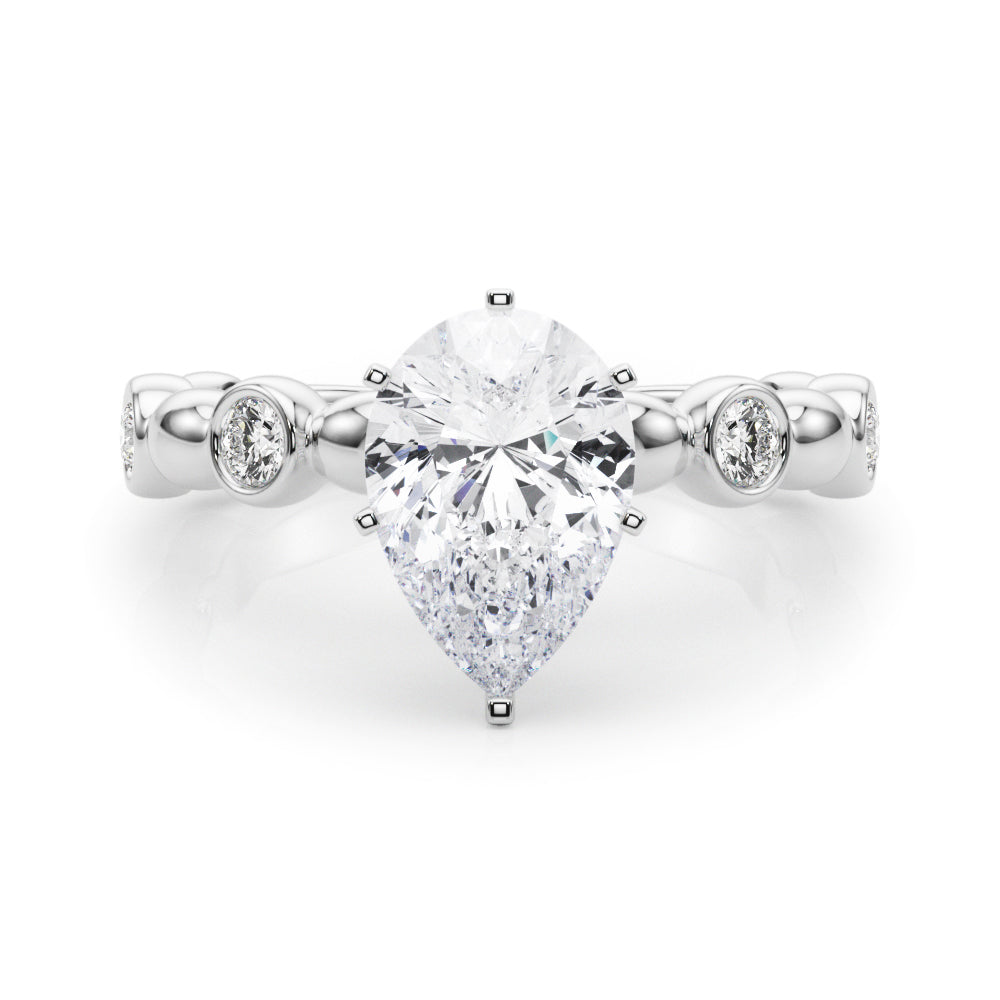 Platinum Pear Solitaire Bezel-Set Diamond Ring with Beaded Band and Four-Prong Setting