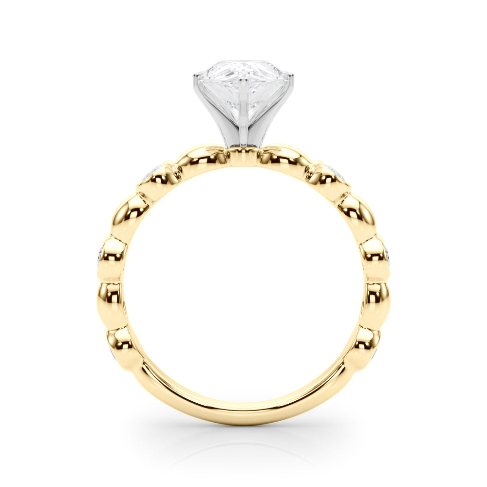 Yellow gold Pear Solitaire Bezel-Set Diamond Ring with Beaded Band and Four-Prong Setting