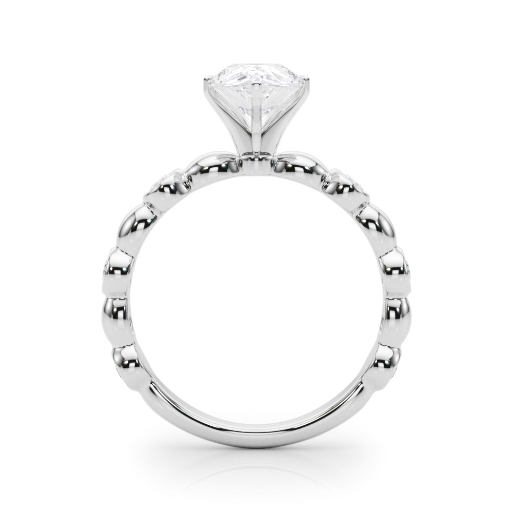 White gold Pear Solitaire Bezel-Set Diamond Ring with Beaded Band and Four-Prong Setting