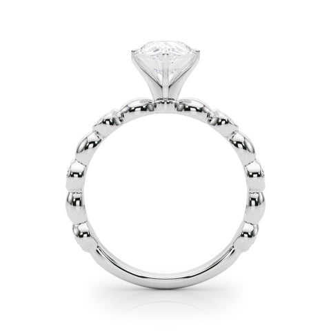 Silver Pear Solitaire Bezel-Set Diamond Ring with Beaded Band and Four-Prong Setting