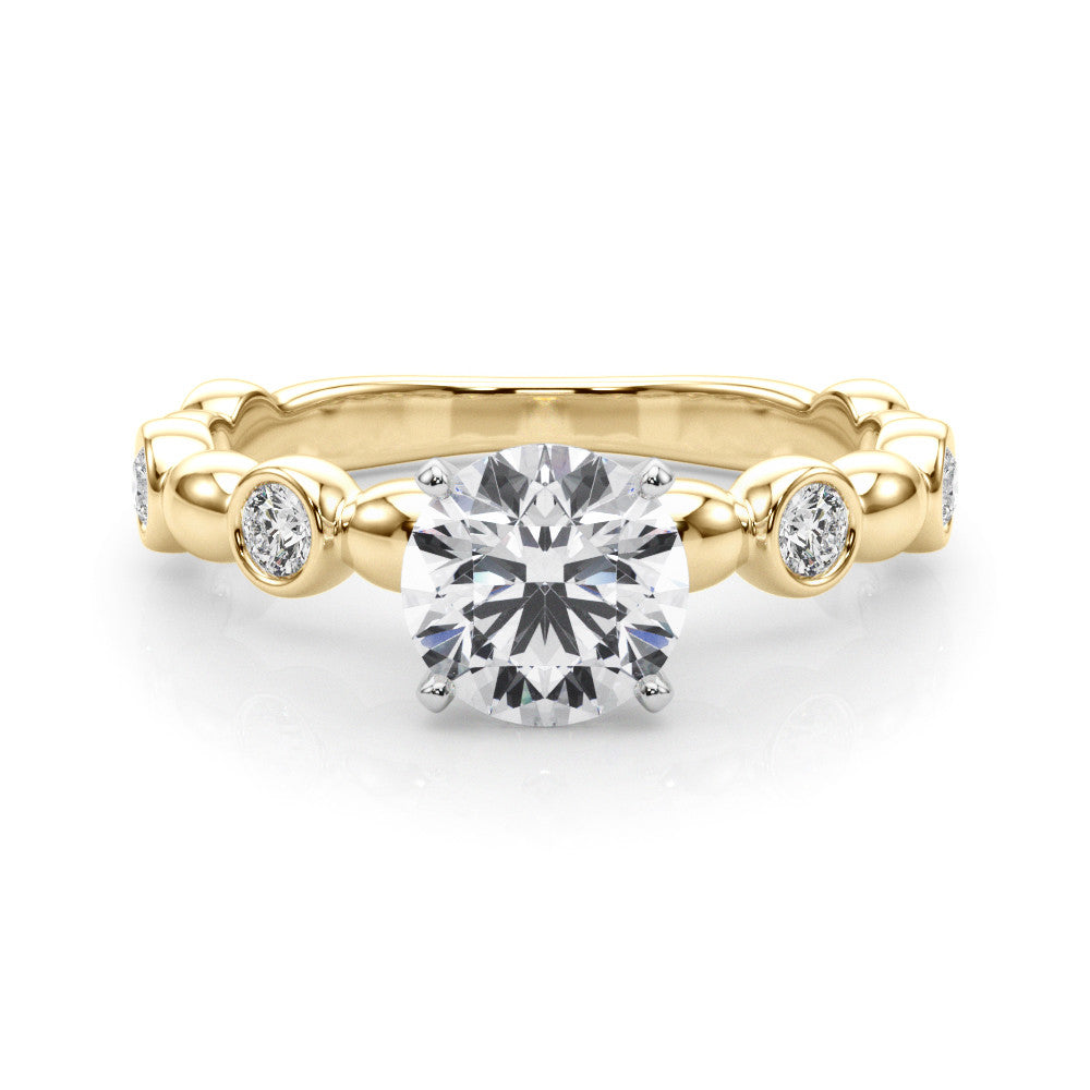 Yellow gold Heart Solitaire Bezel-Set Diamond Ring with Beaded Band and Four-Prong Setting