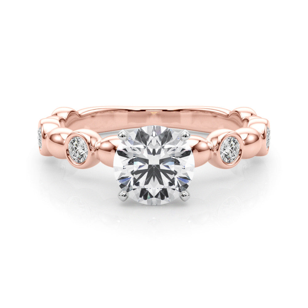 Rose gold Heart Solitaire Bezel-Set Diamond Ring with Beaded Band and Four-Prong Setting