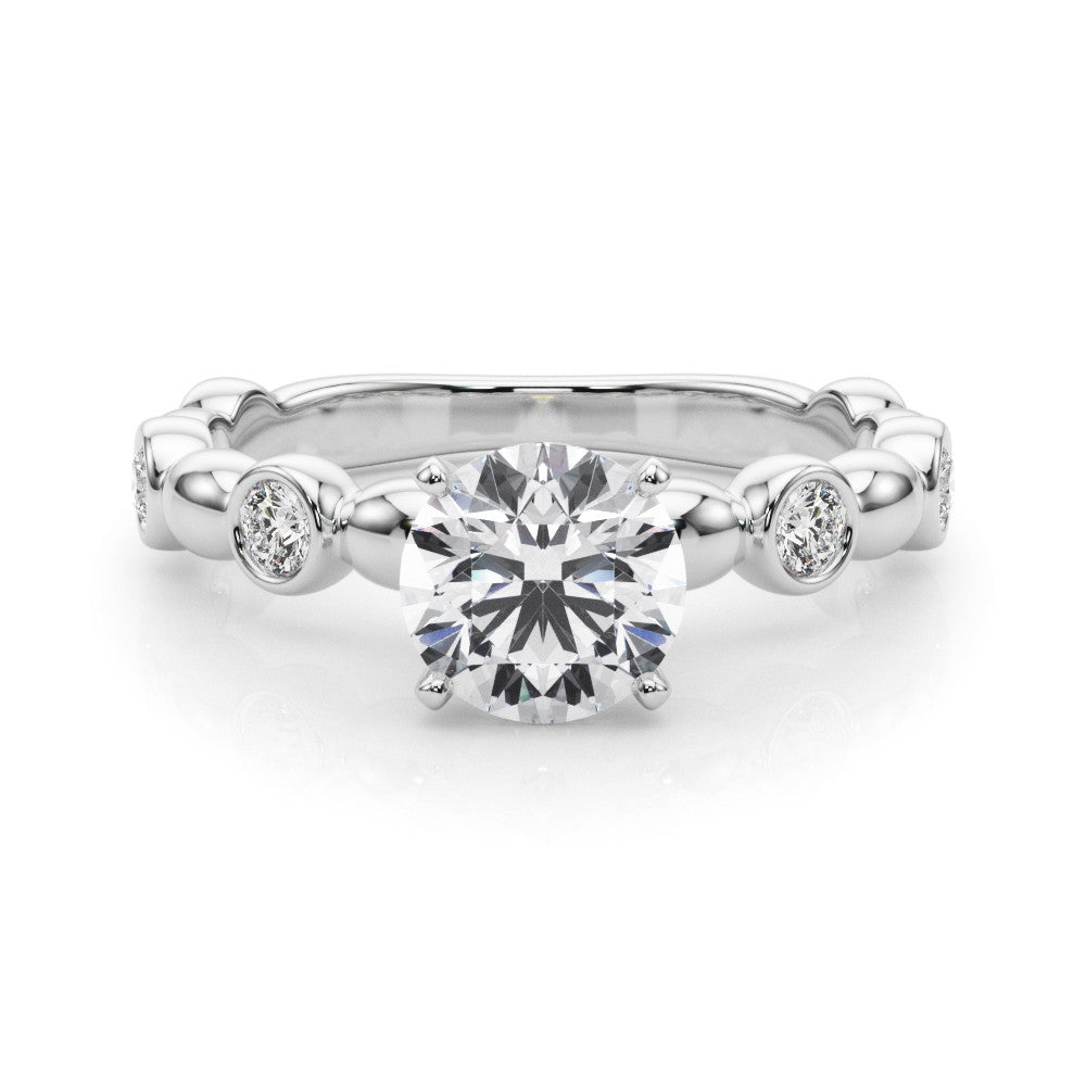 Platinum Round Solitaire Bezel-Set Diamond Ring with Beaded Band and Four-Prong Setting