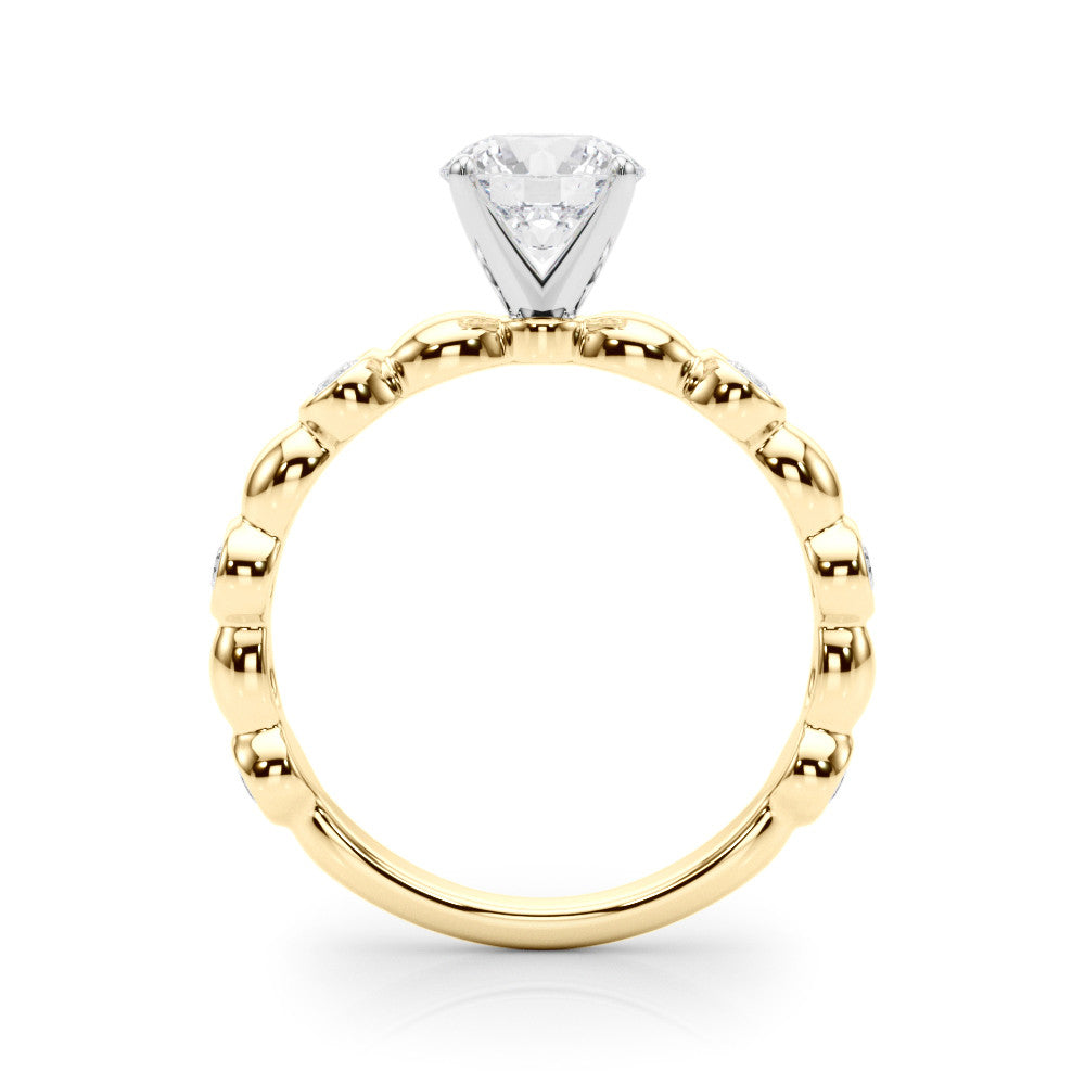 Yellow gold Heart Solitaire Bezel-Set Diamond Ring with Beaded Band and Four-Prong Setting