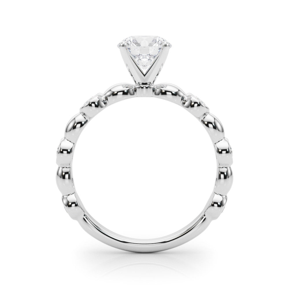 Platinum Round Solitaire Bezel-Set Diamond Ring with Beaded Band and Four-Prong Setting
