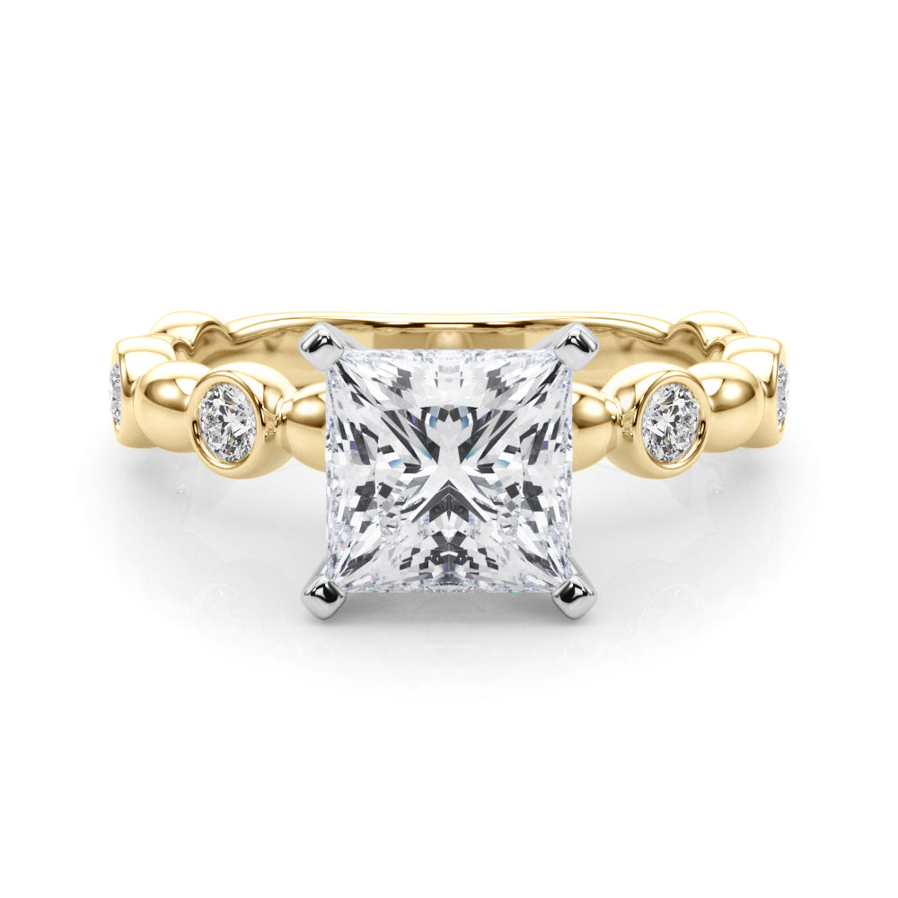 Yellow gold Princess Solitaire Bezel-Set Diamond Ring with Beaded Band and Four-Prong Setting