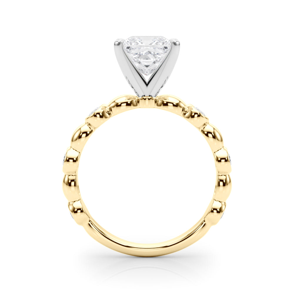 Yellow gold Princess Solitaire Bezel-Set Diamond Ring with Beaded Band and Four-Prong Setting
