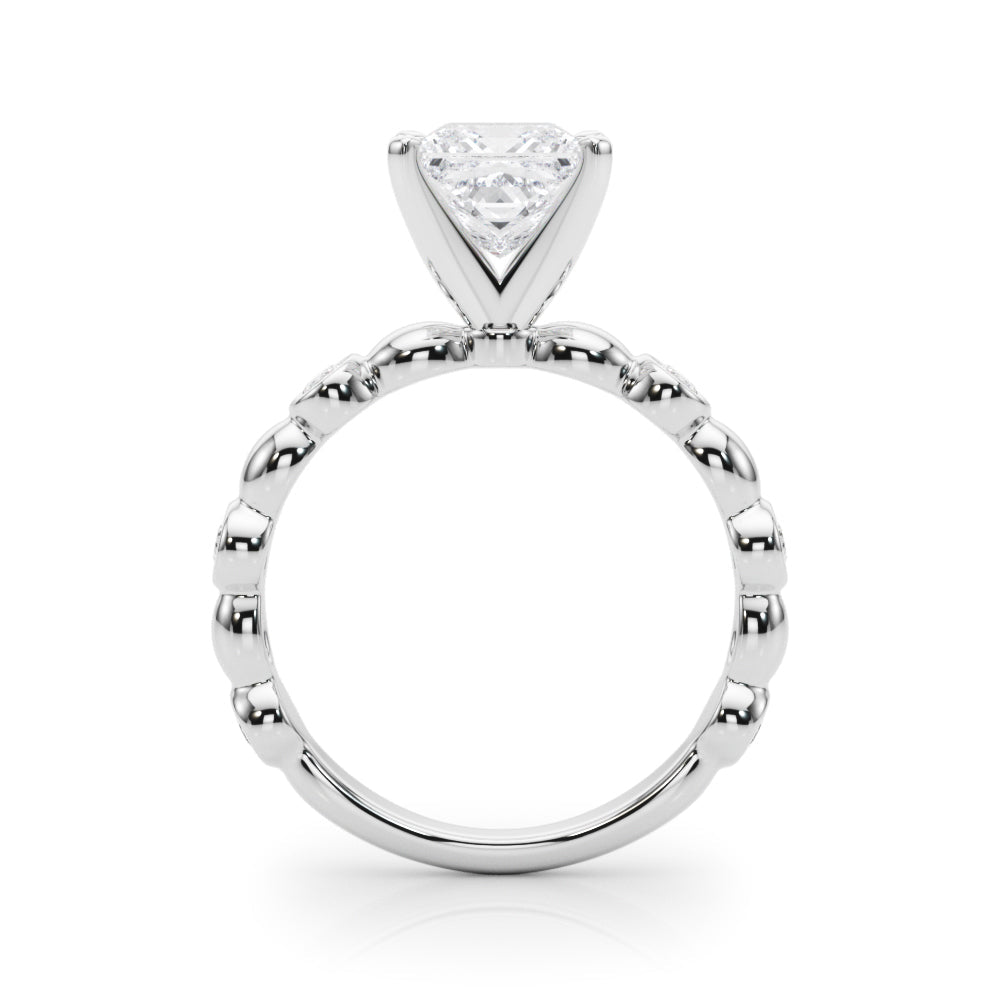 Platinum Princess Solitaire Bezel-Set Diamond Ring with Beaded Band and Four-Prong Setting