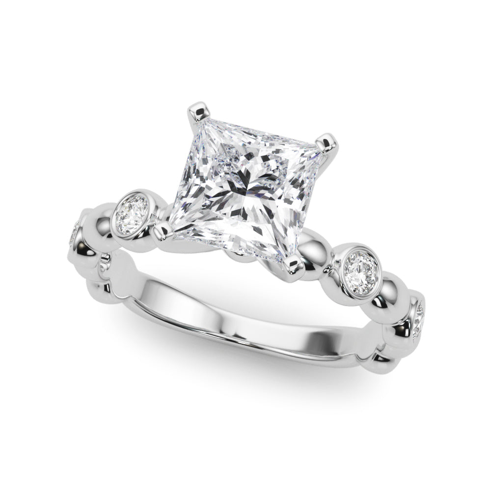 Platinum Princess Solitaire Bezel-Set Diamond Ring with Beaded Band and Four-Prong Setting