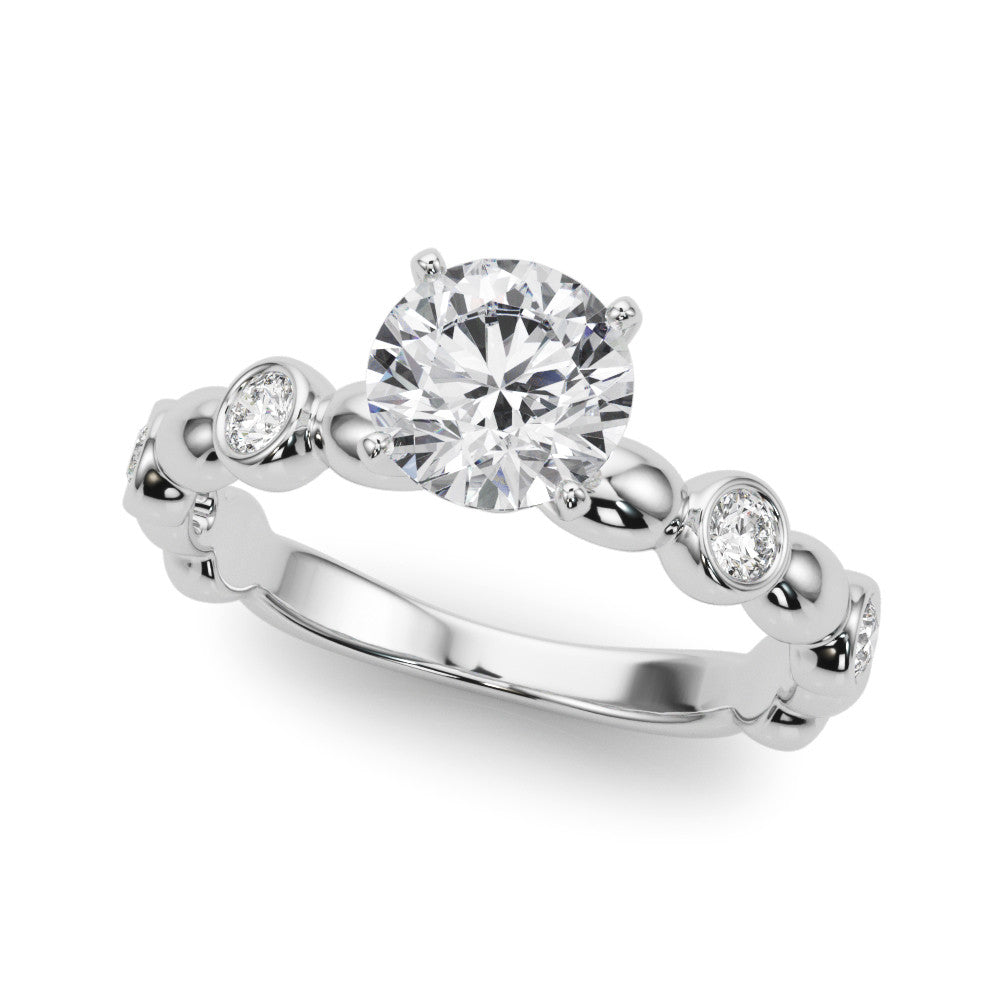 Platinum Round Solitaire Bezel-Set Diamond Ring with Beaded Band and Four-Prong Setting