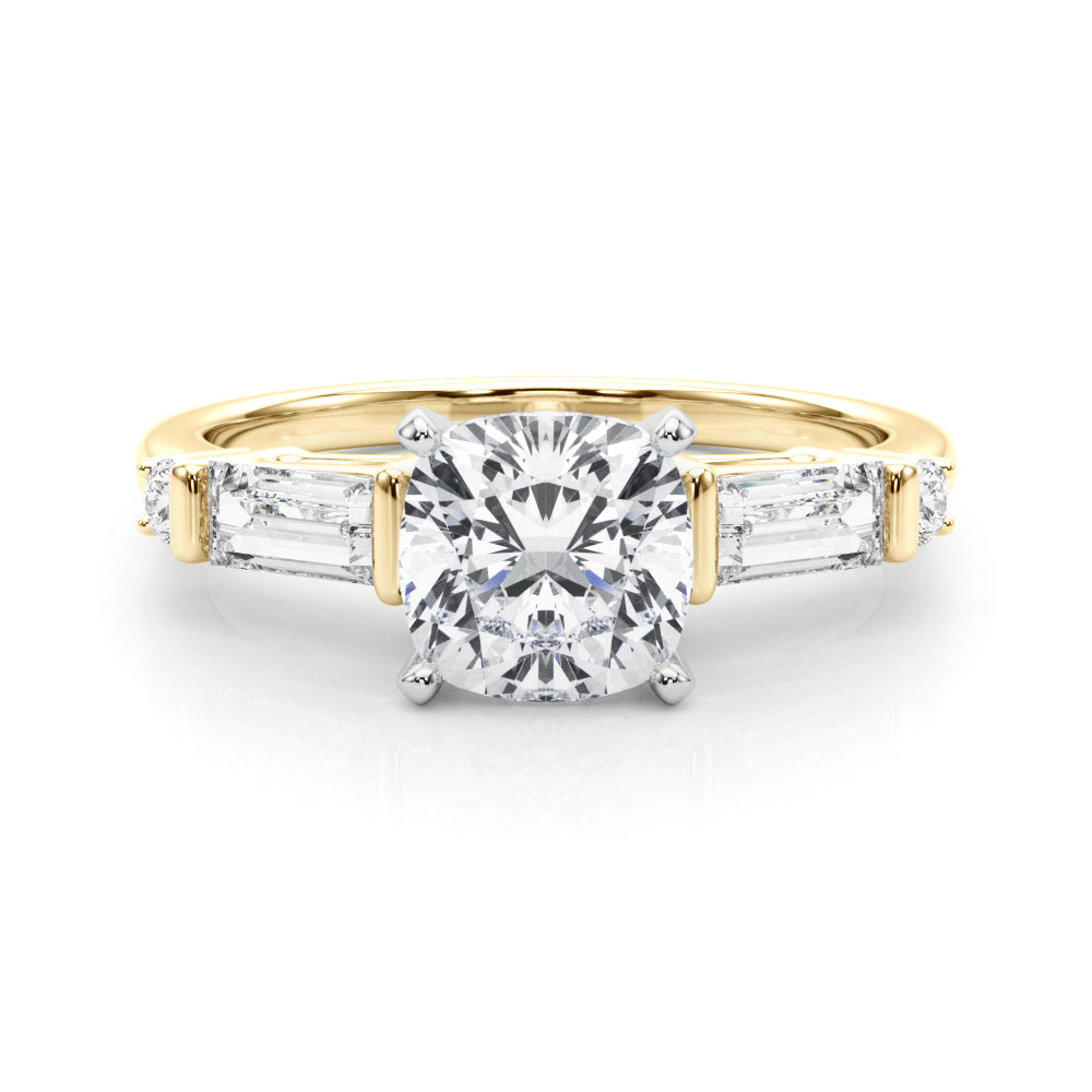 Yellow gold Cushion Cut Diamond Ring with Baguette Side Stones, Channel Set Band, and Four-Prong Setting