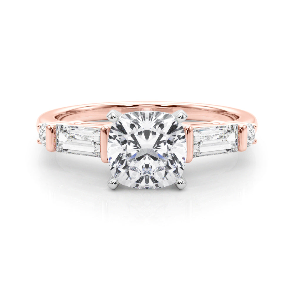 Rose gold Cushion Cut Diamond Ring with Baguette Side Stones, Channel Set Band, and Four-Prong Setting
