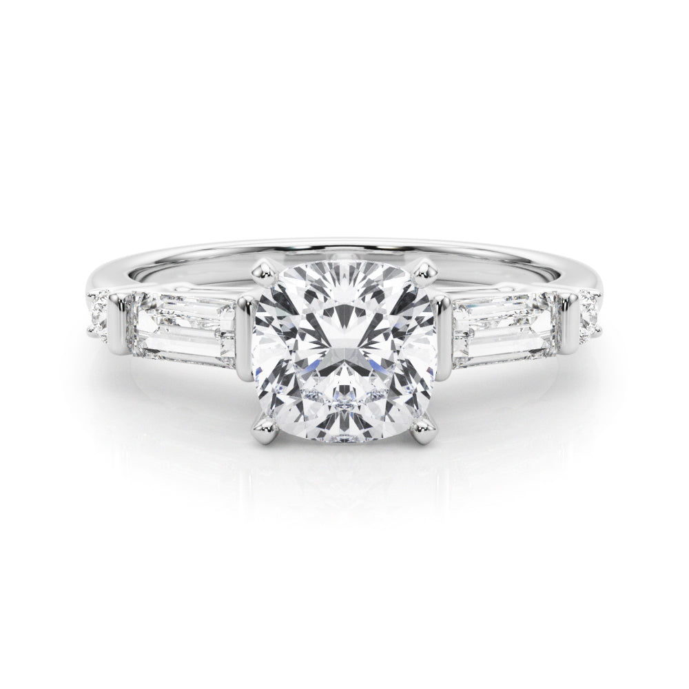 White gold Cushion Cut Diamond Ring with Baguette Side Stones, Channel Set Band, and Four-Prong Setting