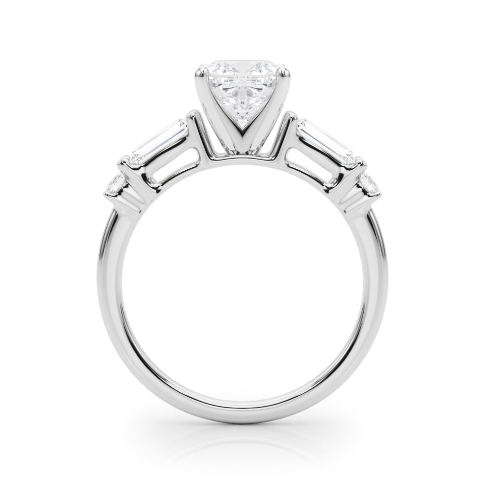 White gold Cushion Cut Diamond Ring with Baguette Side Stones, Channel Set Band, and Four-Prong Setting