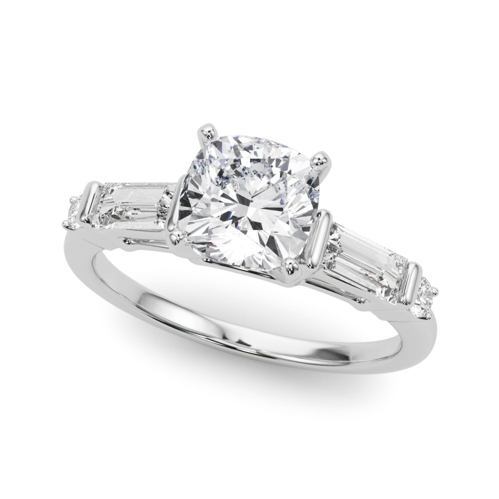 White gold Cushion Cut Diamond Ring with Baguette Side Stones, Channel Set Band, and Four-Prong Setting