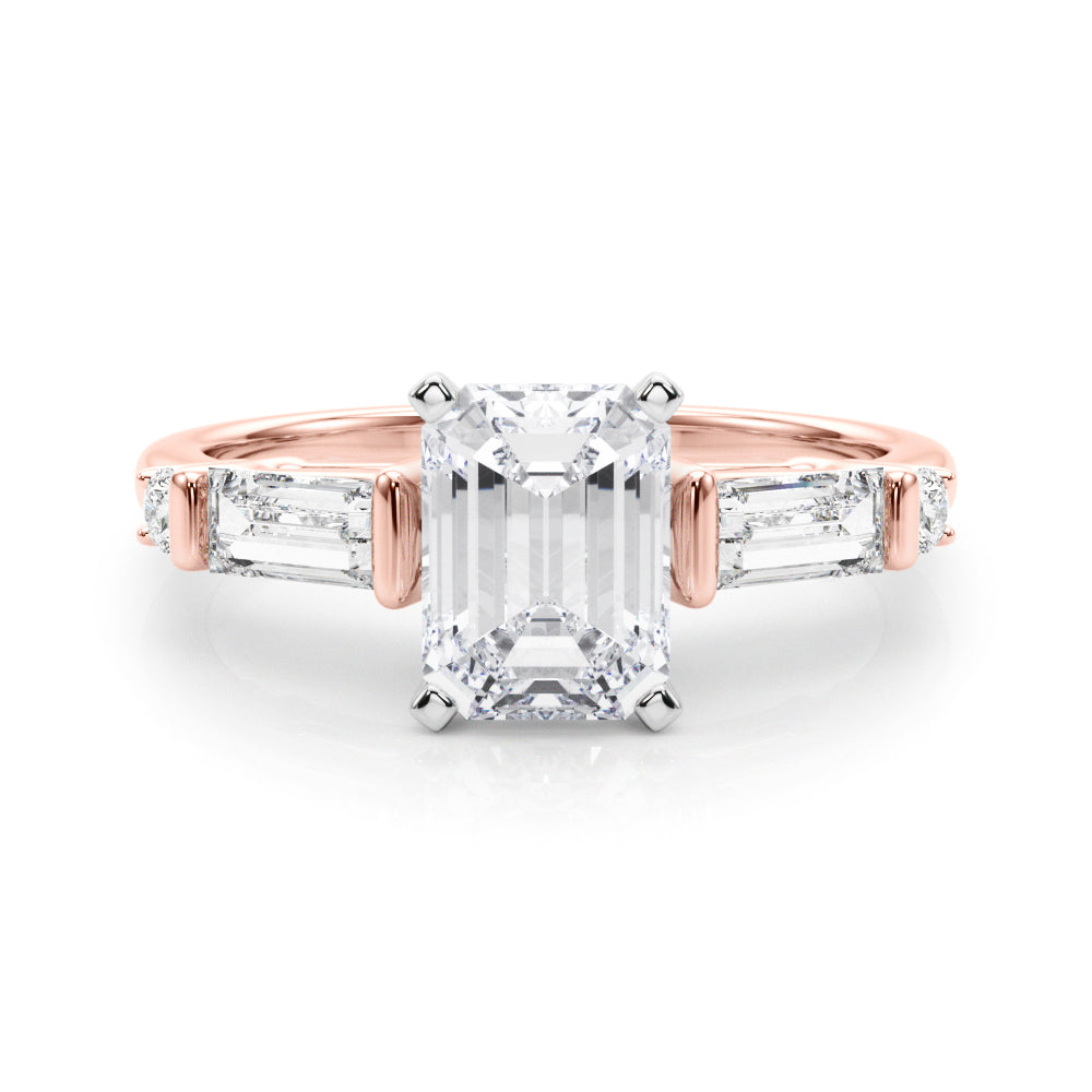 Rose gold Emerald Cut Diamond Ring with Baguette Side Stones, Channel Set Band, and Four-Prong Setting